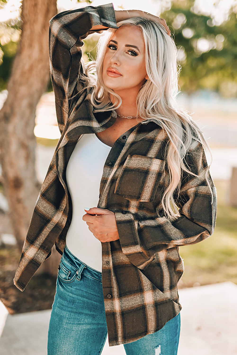 Drop Shoulder Plaid Buttons Shirt