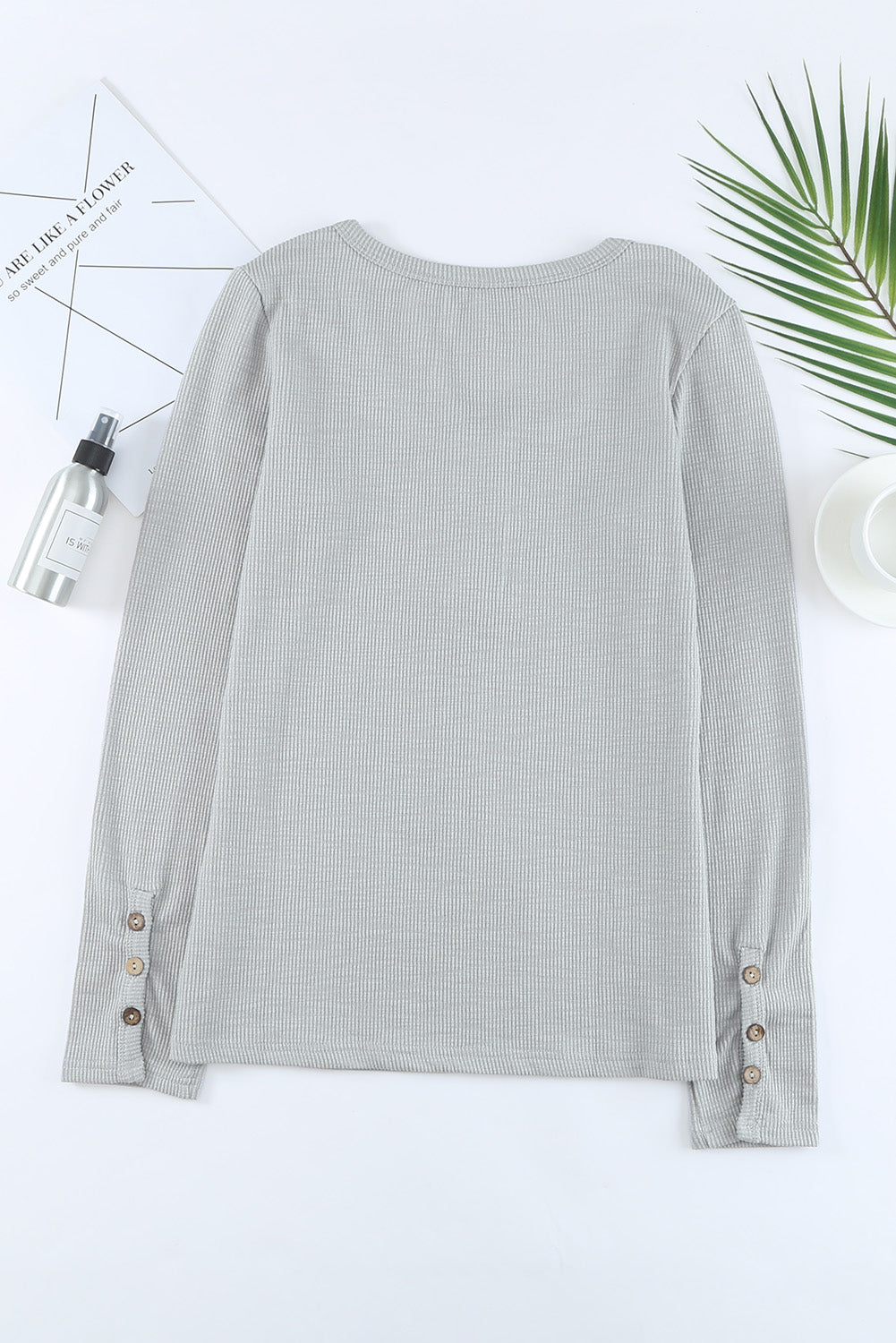 Crewneck Buttons Ribbed Knit Long Sleeve Top