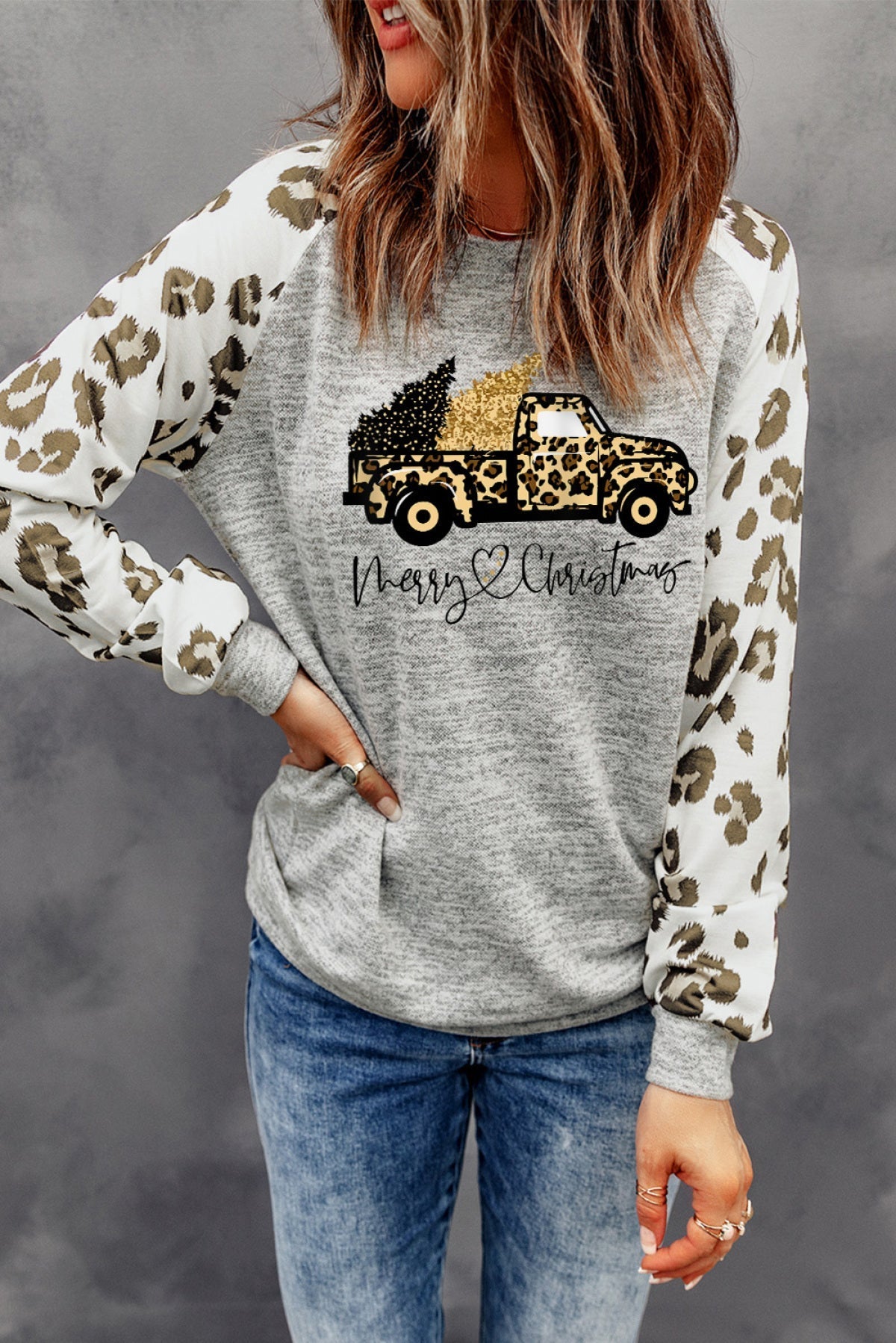 Gray Christmas In Transit Contrast Leopard Sleeve Top