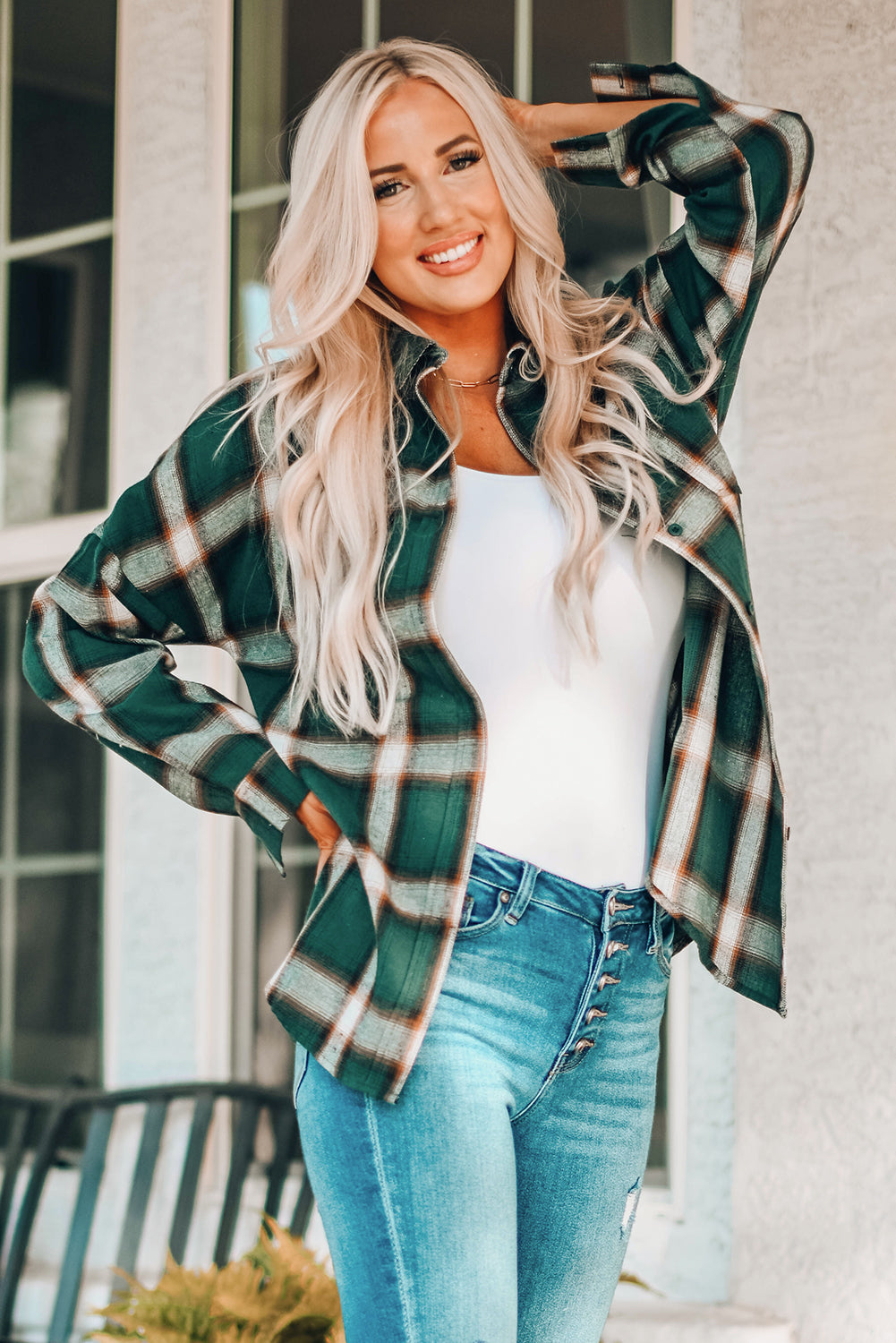 Drop Shoulder Plaid Buttons Shirt