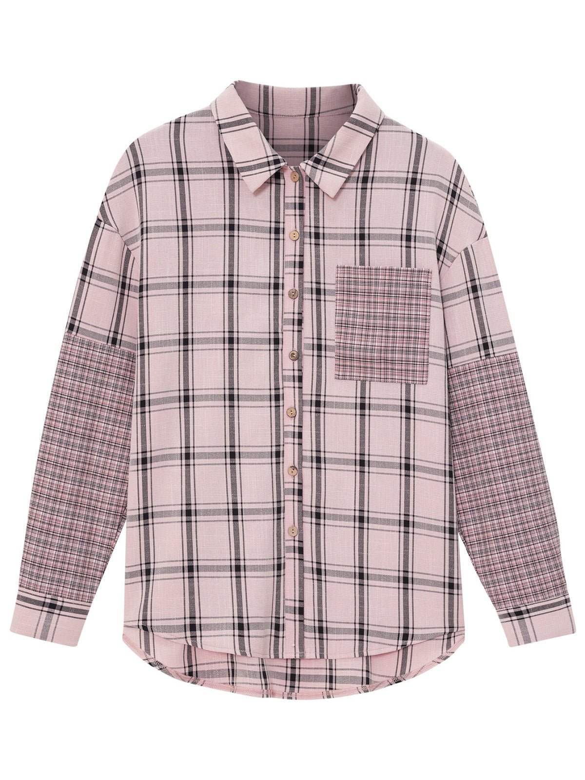 Collared Neck Long Sleeve Colorblock Plaid Blouse