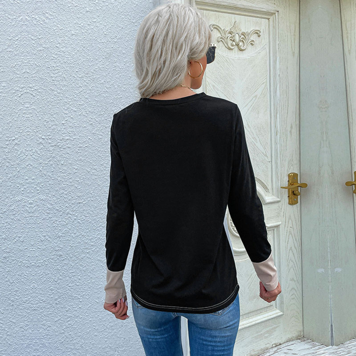 Colorblock V-Neck Long Sleeve Top with Patch Pocket