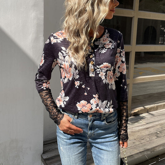 Floral Half Buttoned Lace Splicing Sleeve Blouse