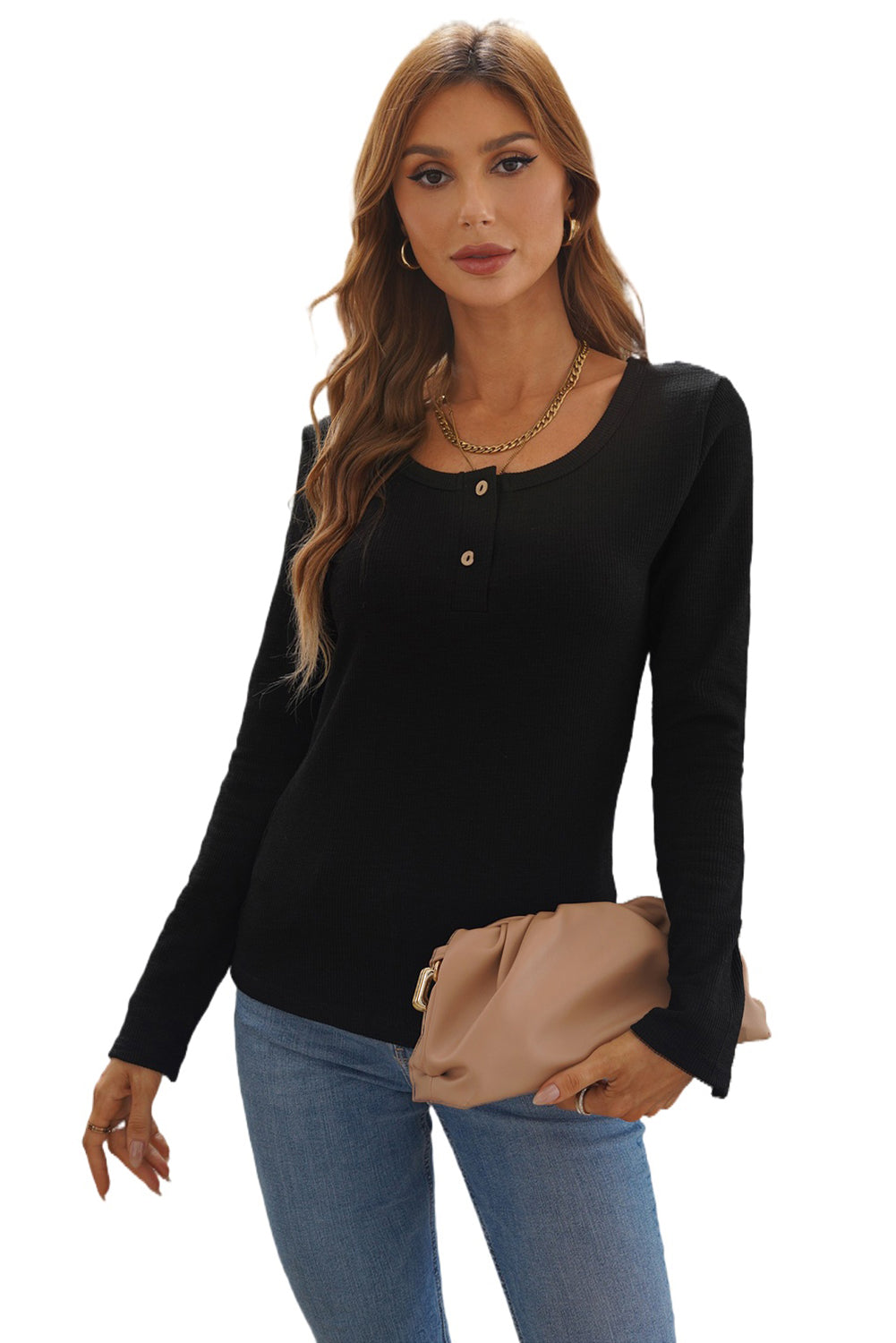 Crewneck Buttons Ribbed Knit Long Sleeve Top