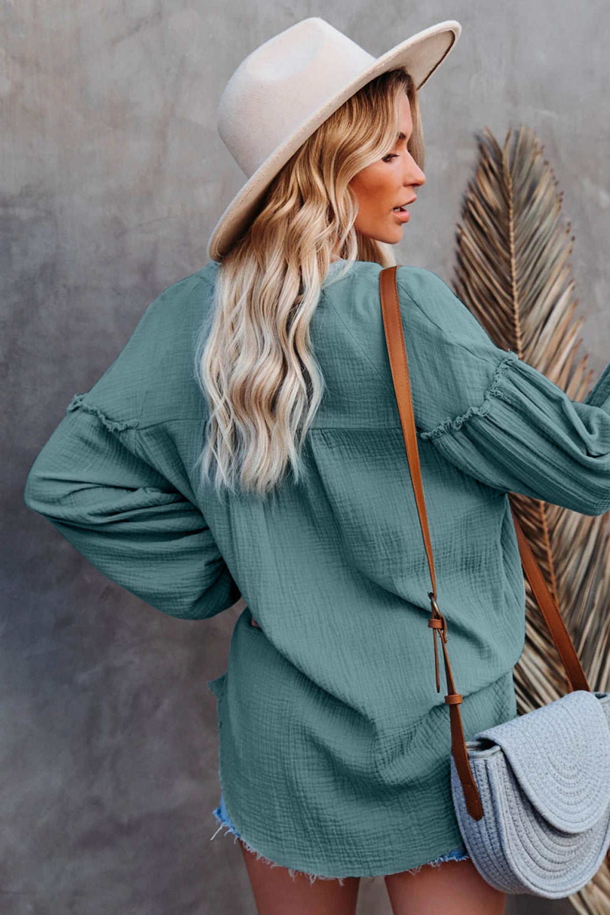 Casual Balloon Sleeve Crinkled Top