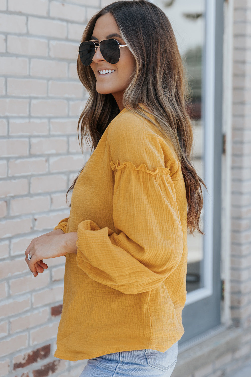 Casual Balloon Sleeve Crinkled Top