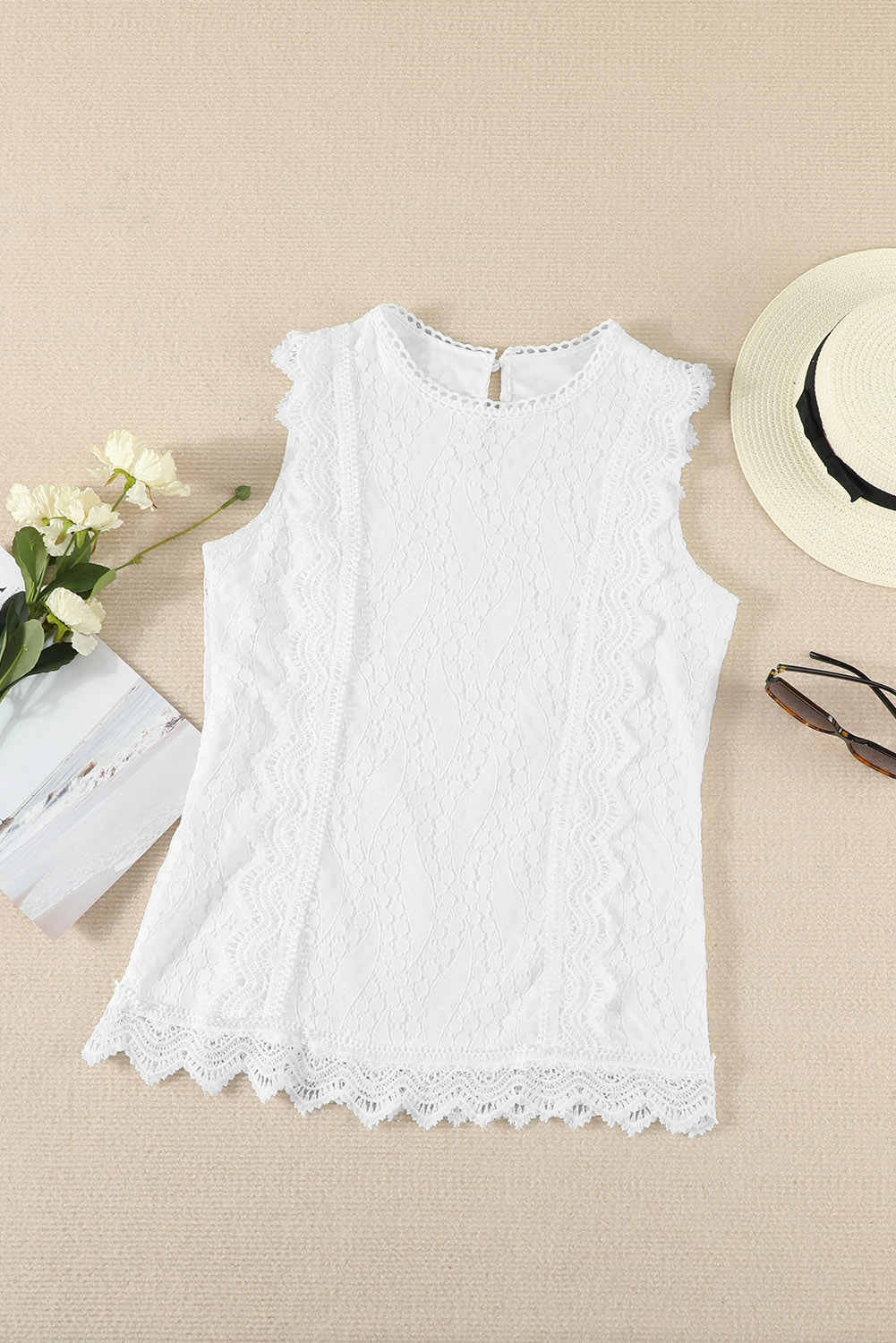 White Crew Neck Scalloped Trim Lace Tank