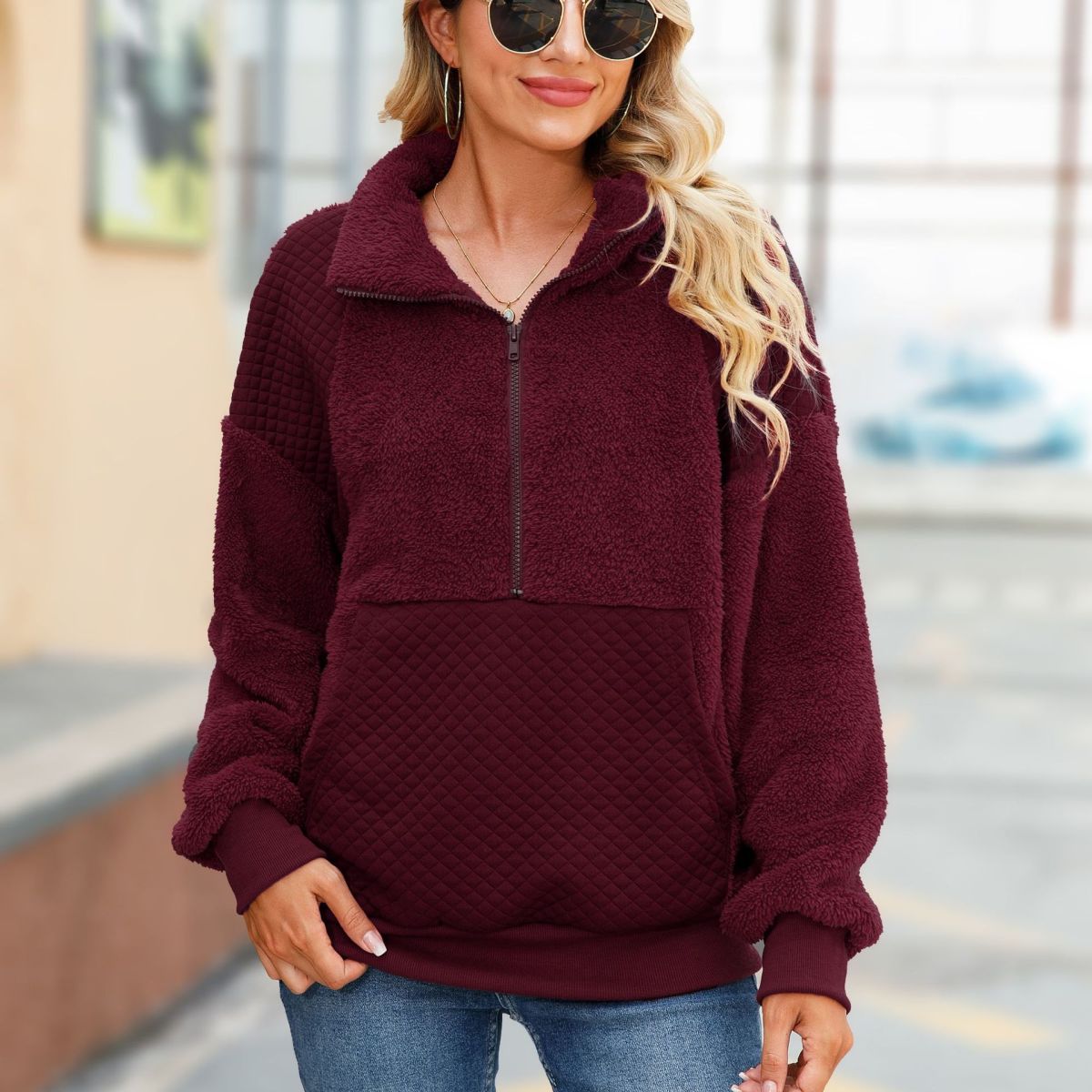 Zipper Front Laepl Pullover Sweatshirt