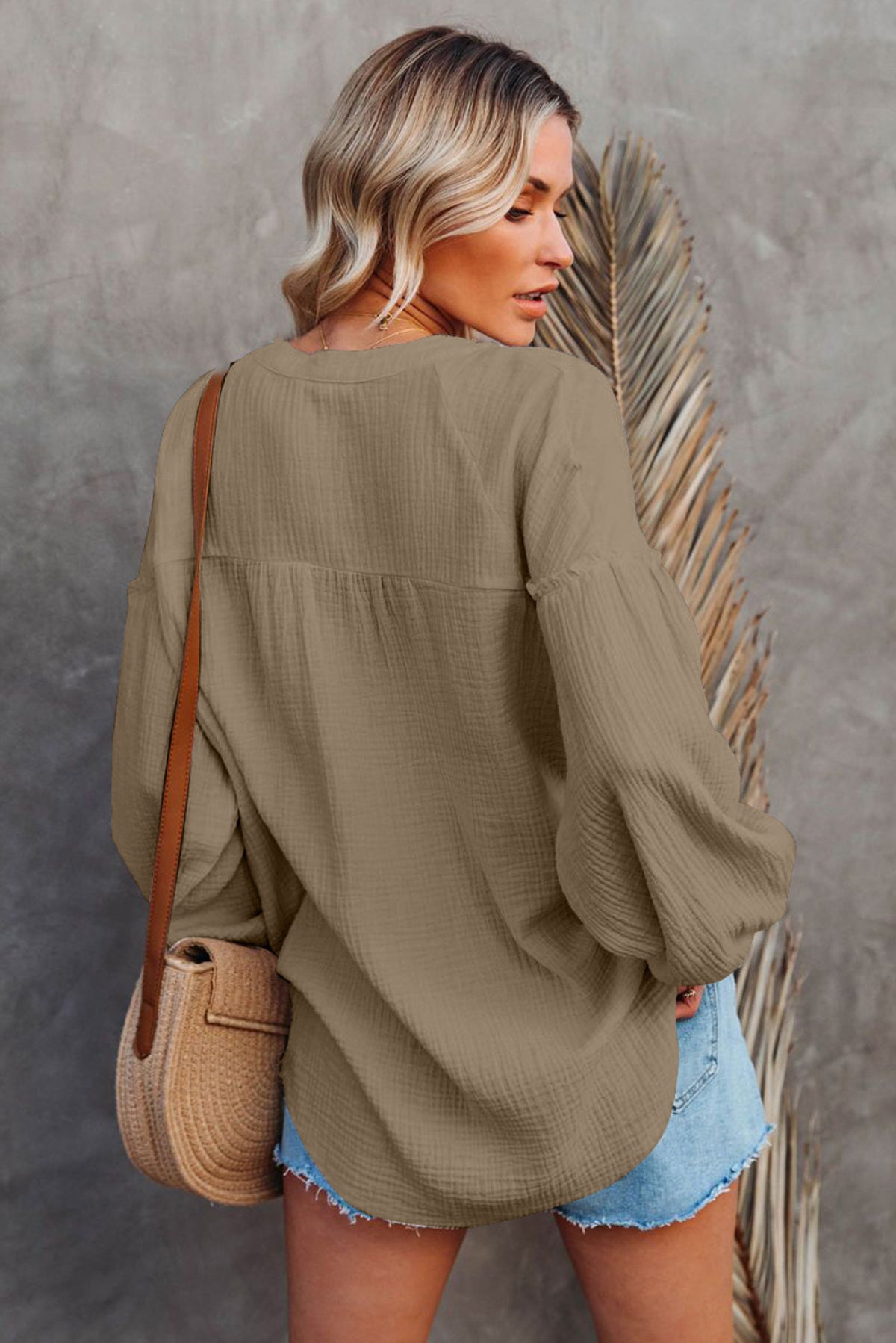 Casual Balloon Sleeve Crinkled Top