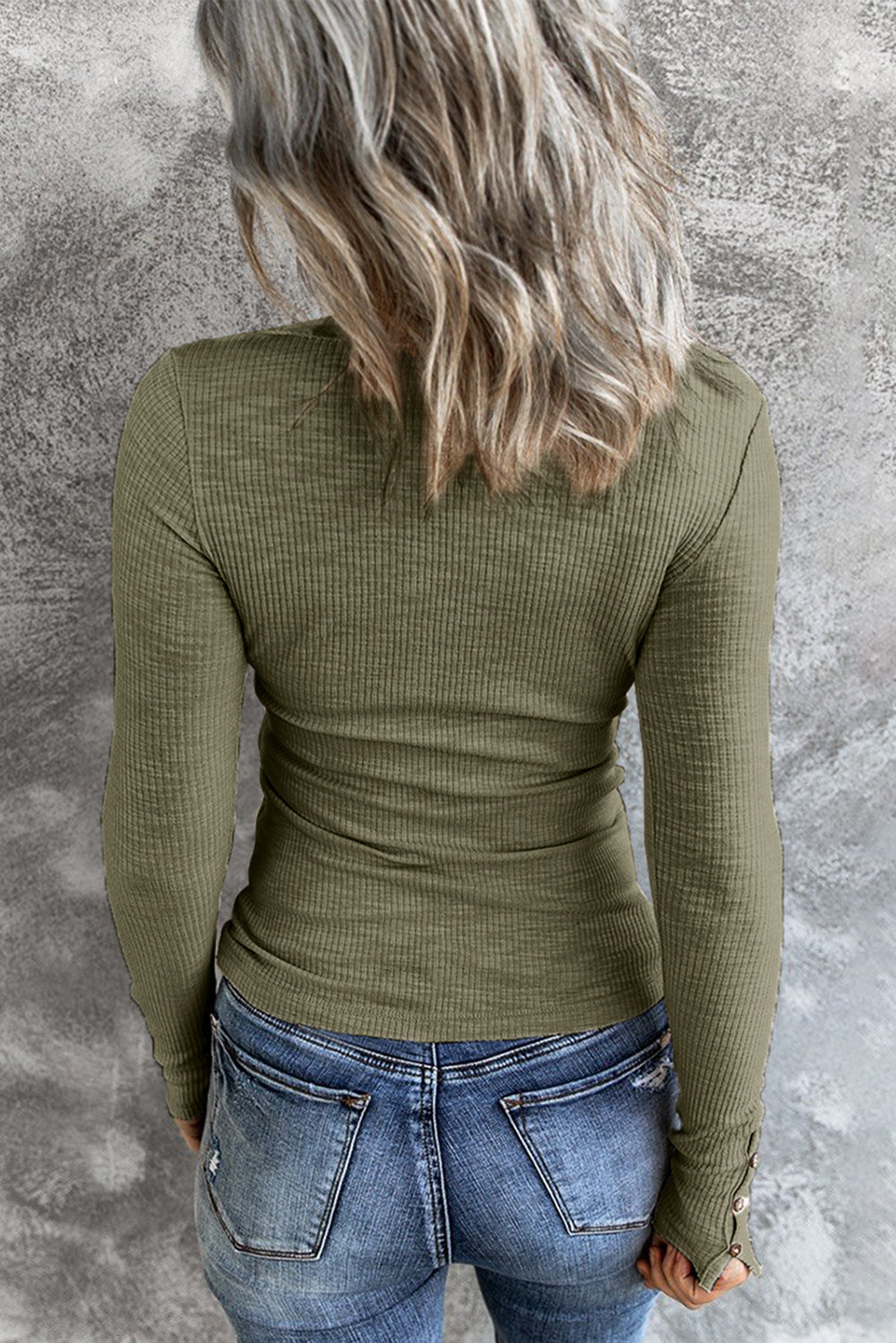 Crewneck Buttons Ribbed Knit Long Sleeve Top