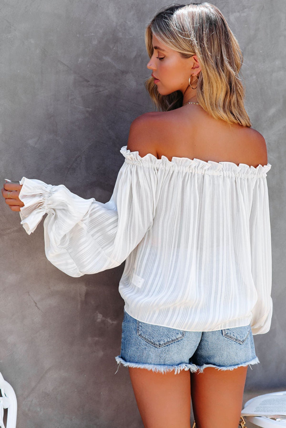 White Frilled Off The Shoulder Striped Blouse