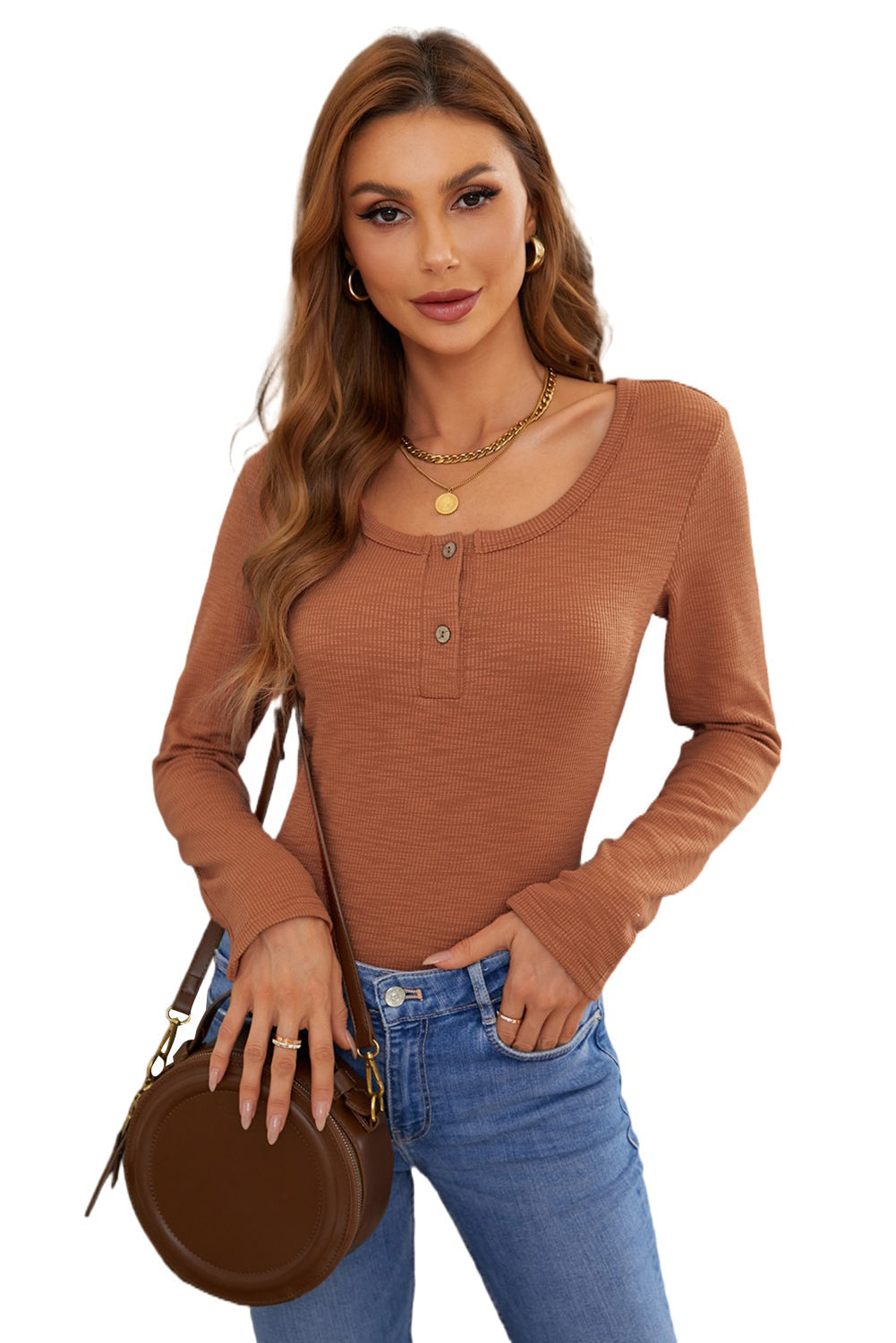 Crewneck Buttons Ribbed Knit Long Sleeve Top