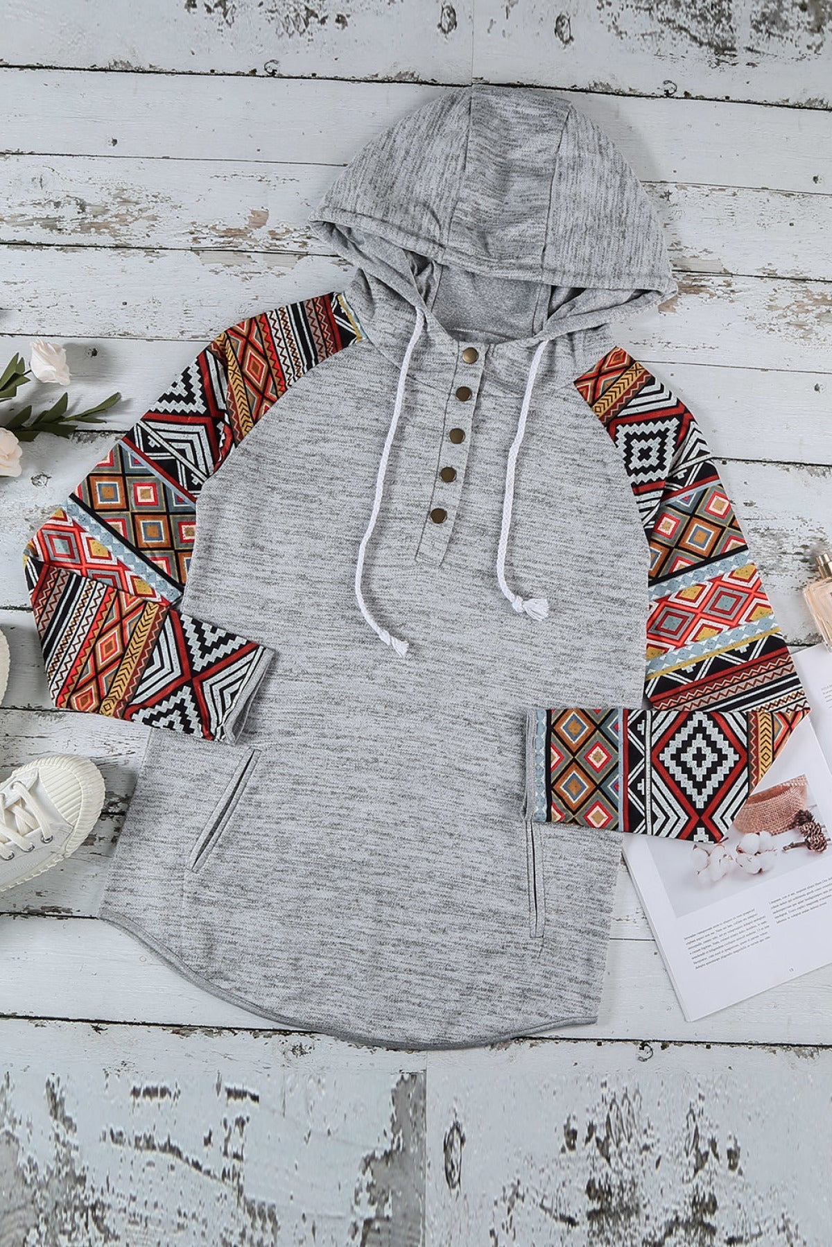 Tribal Print Long Sleeve Button Neckline Drawstring Hoodie