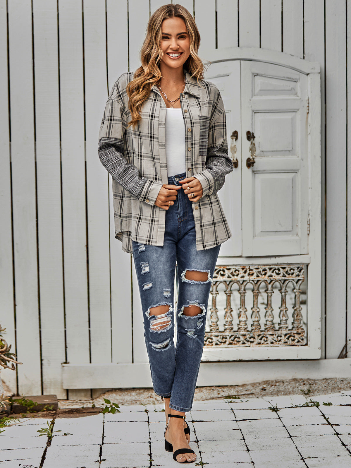 Collared Neck Long Sleeve Colorblock Plaid Blouse