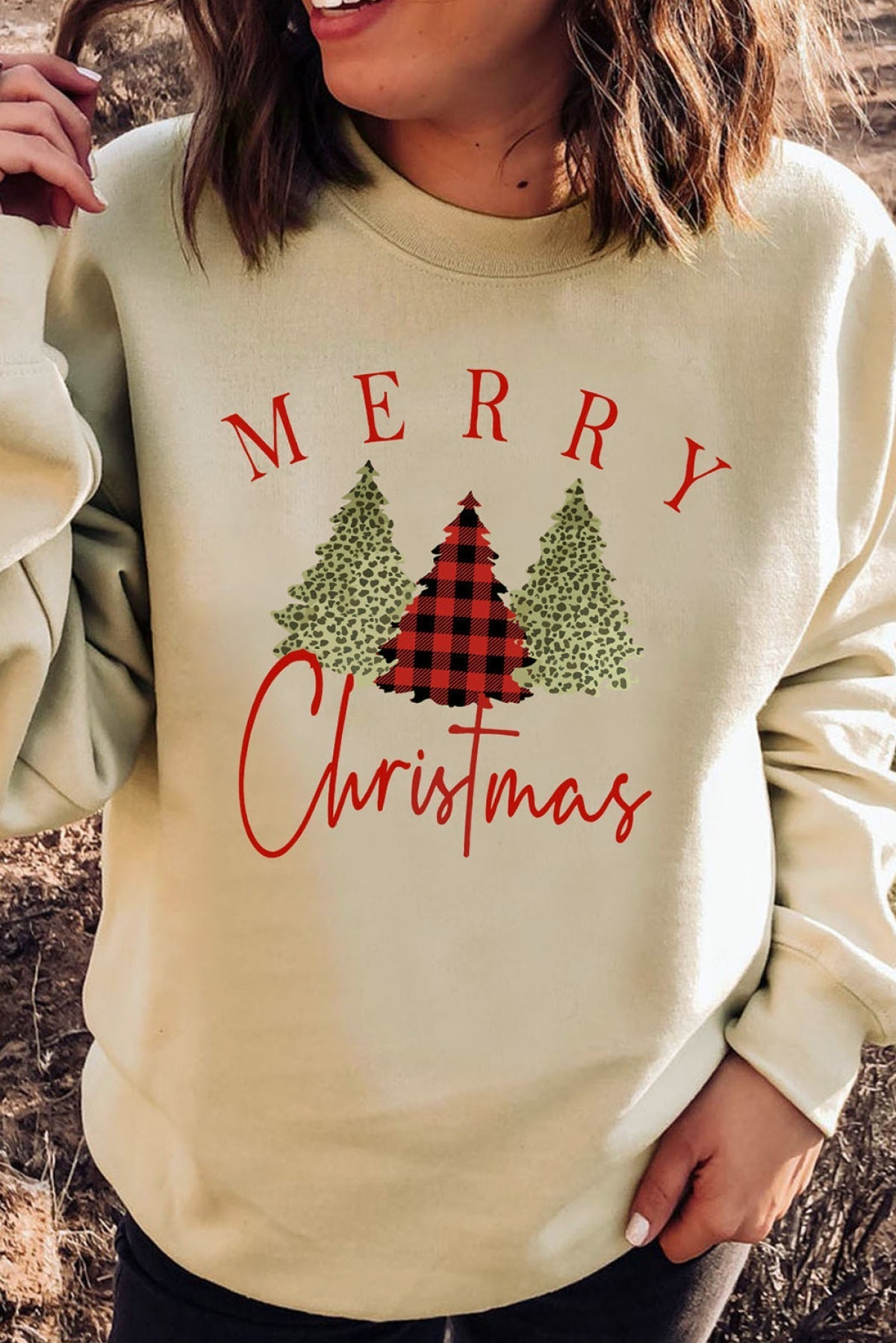 Khaki Leopard Plaid Tree Graphic Christmas Sweatshirt