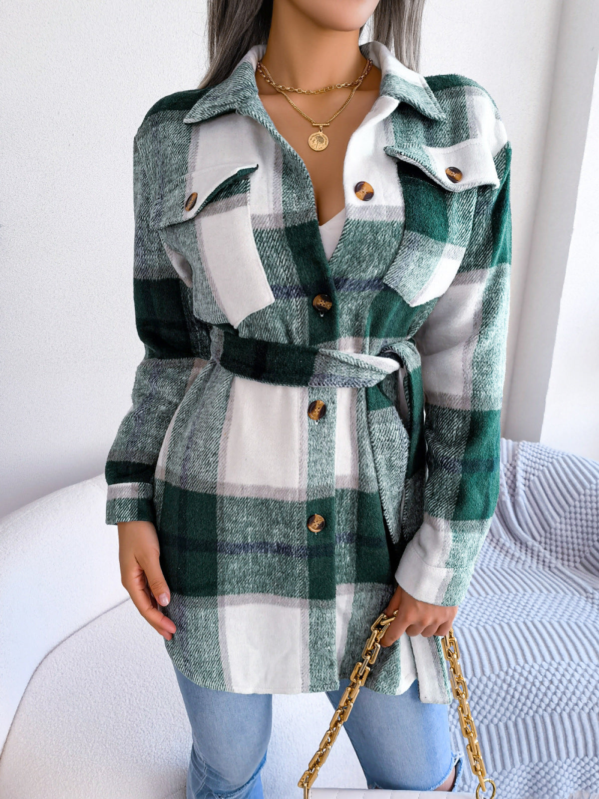 Plaid Button Down Woolen Coat with Belt