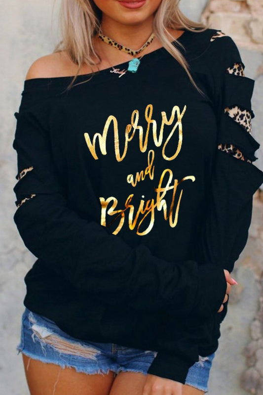 Black Leopard Ripped Sleeves Graphic Sweatshirt