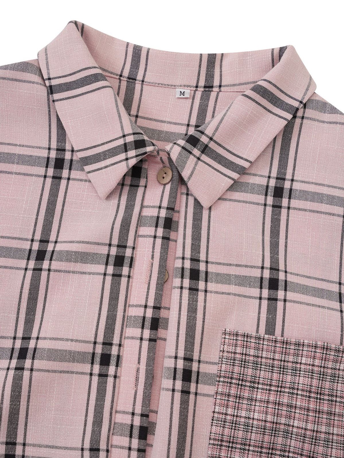 Collared Neck Long Sleeve Colorblock Plaid Blouse