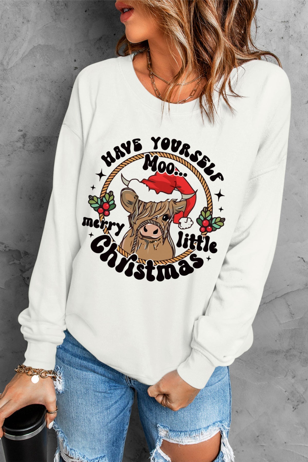 Beige Moo Christmas Greeting Graphic Sweatshirt