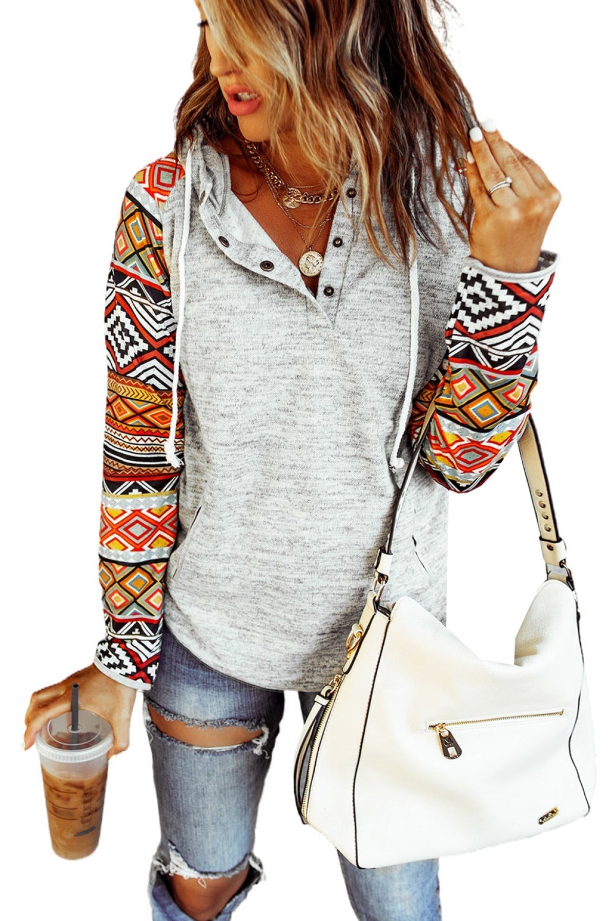 Tribal Print Long Sleeve Button Neckline Drawstring Hoodie