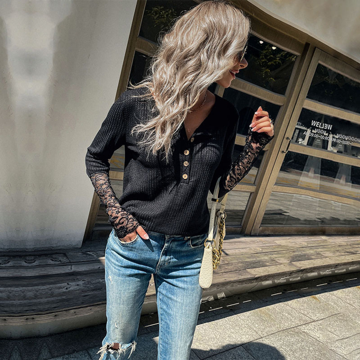 Half Button up Lace Splicing Sleeve Knit Top