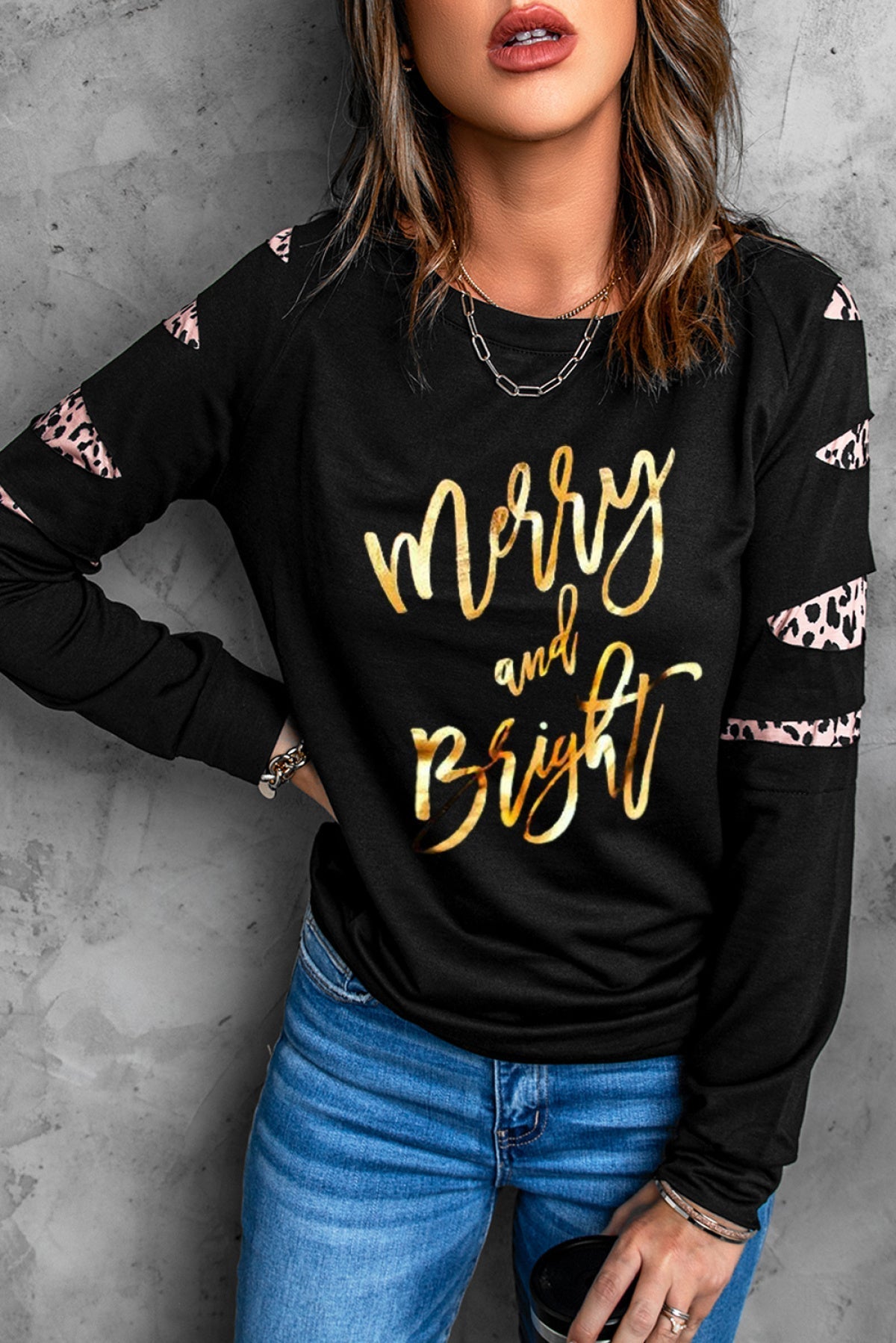 Black Leopard Ripped Sleeves Graphic Sweatshirt