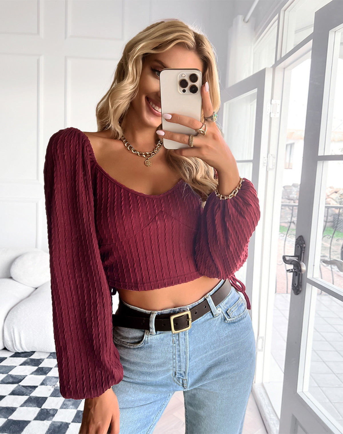 V-Neck Solid Long Sleeve Drawstring Cropped Top