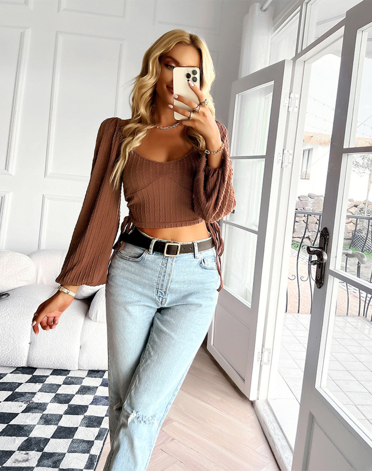 V-Neck Solid Long Sleeve Drawstring Cropped Top