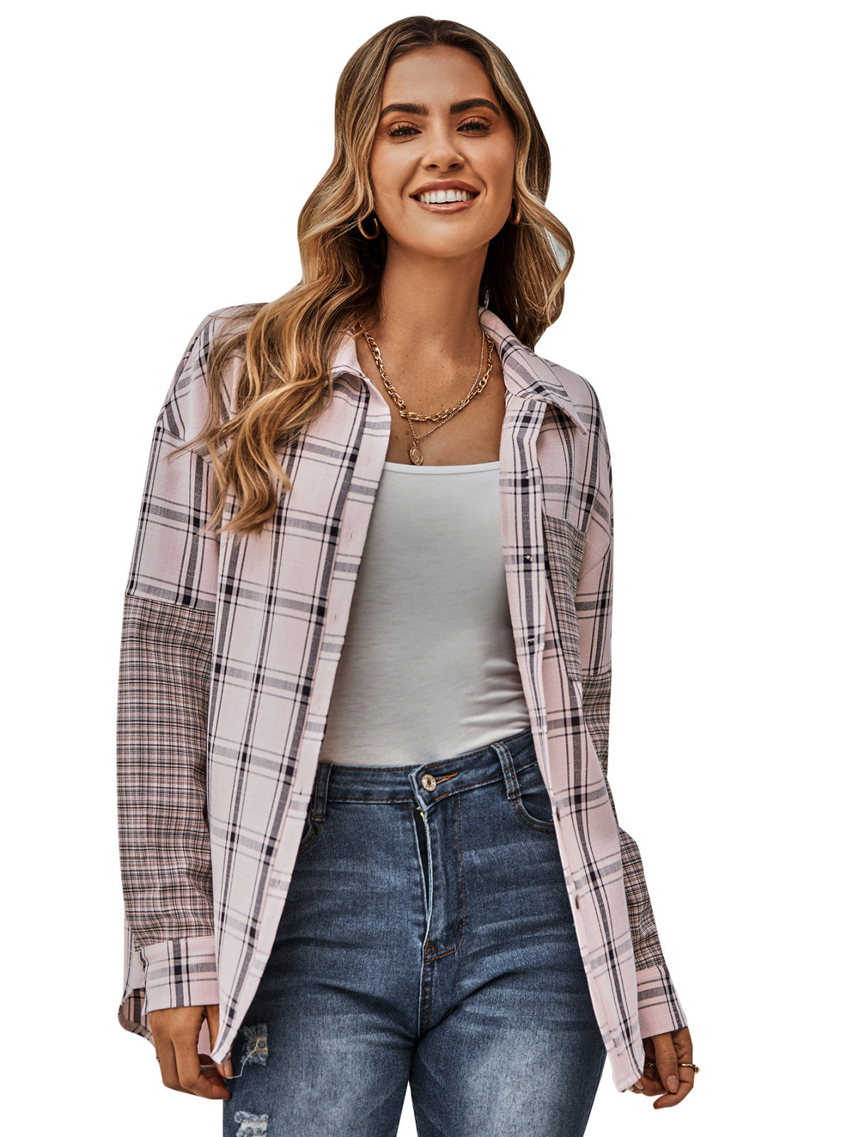 Collared Neck Long Sleeve Colorblock Plaid Blouse