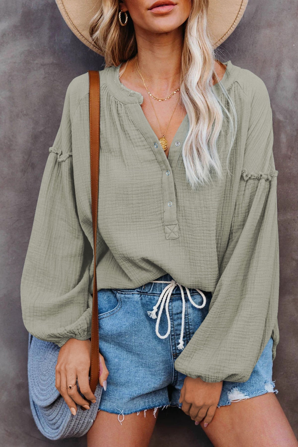 Casual Balloon Sleeve Crinkled Top