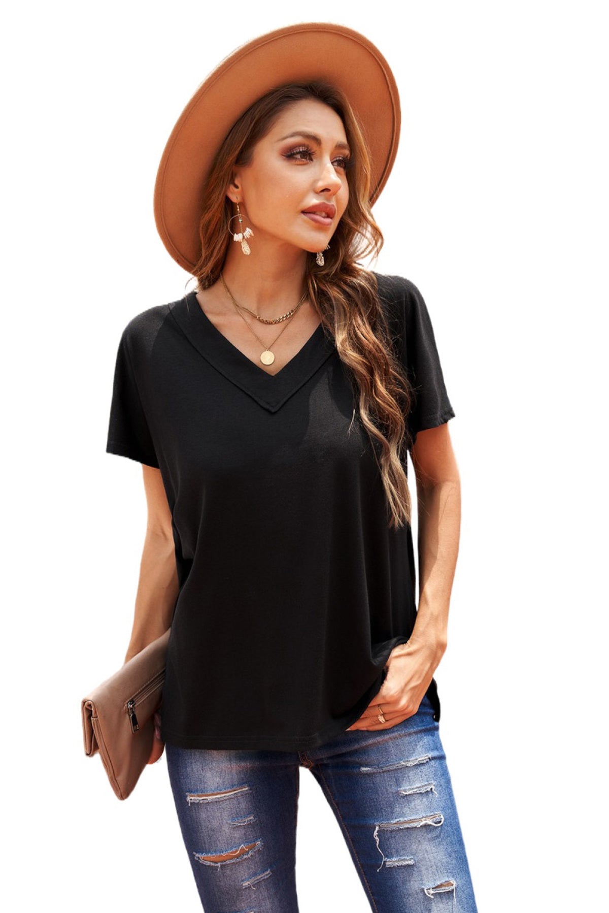 Oversized Mineral Wash Cotton Blend V Neck Short Sleeves Top