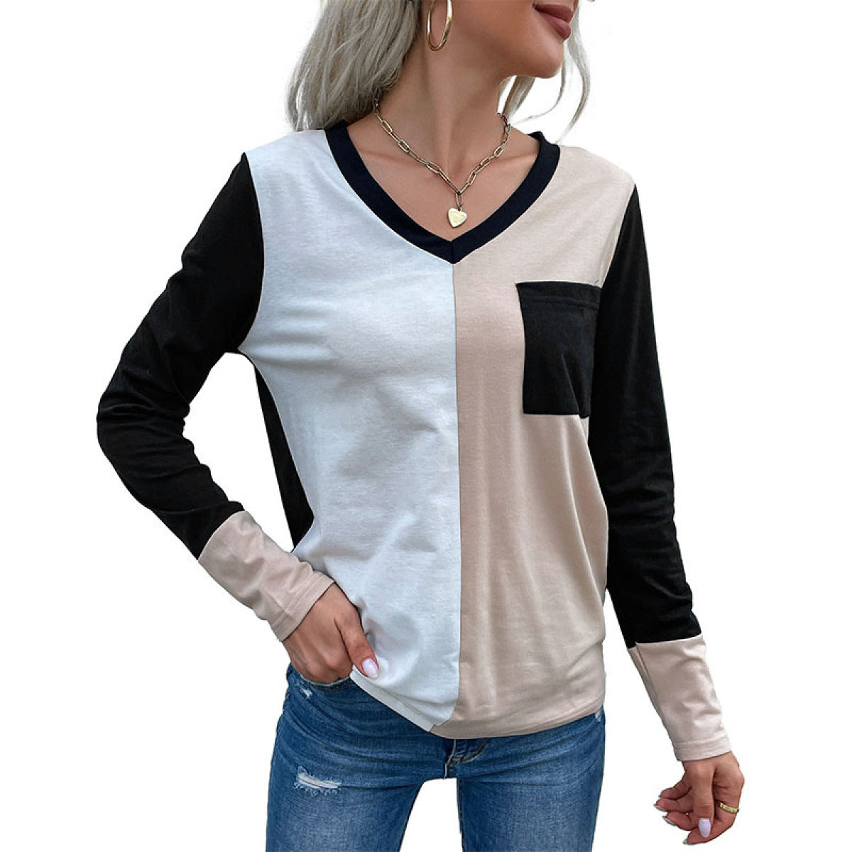 Colorblock V-Neck Long Sleeve Top with Patch Pocket