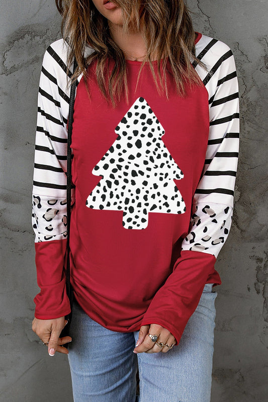 Red Leopard Christmas Tree Striped Color Block Long Sleeve Top