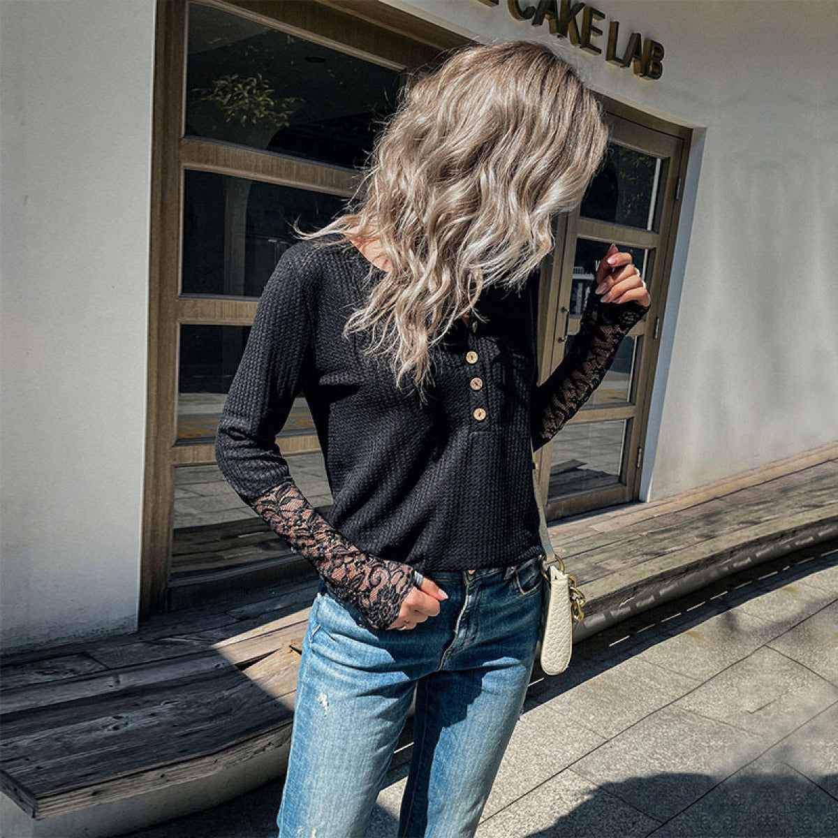 Half Button up Lace Splicing Sleeve Knit Top