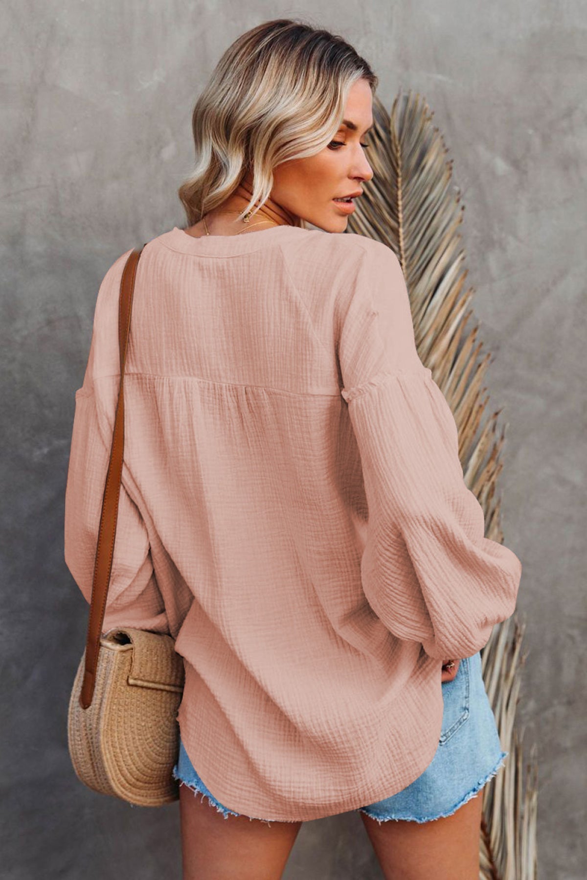 Casual Balloon Sleeve Crinkled Top