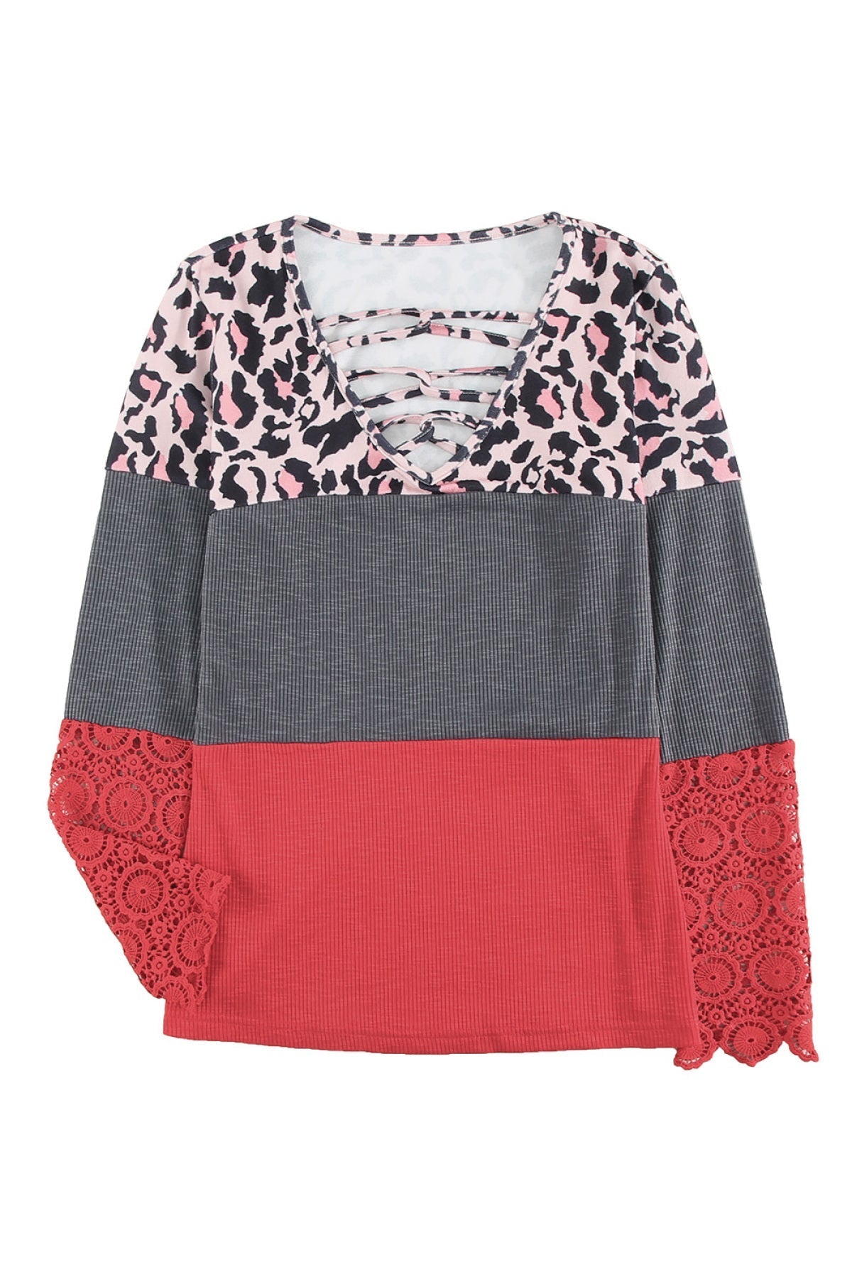 Lace Splicing Hollow-Out Leopard Color Block Top