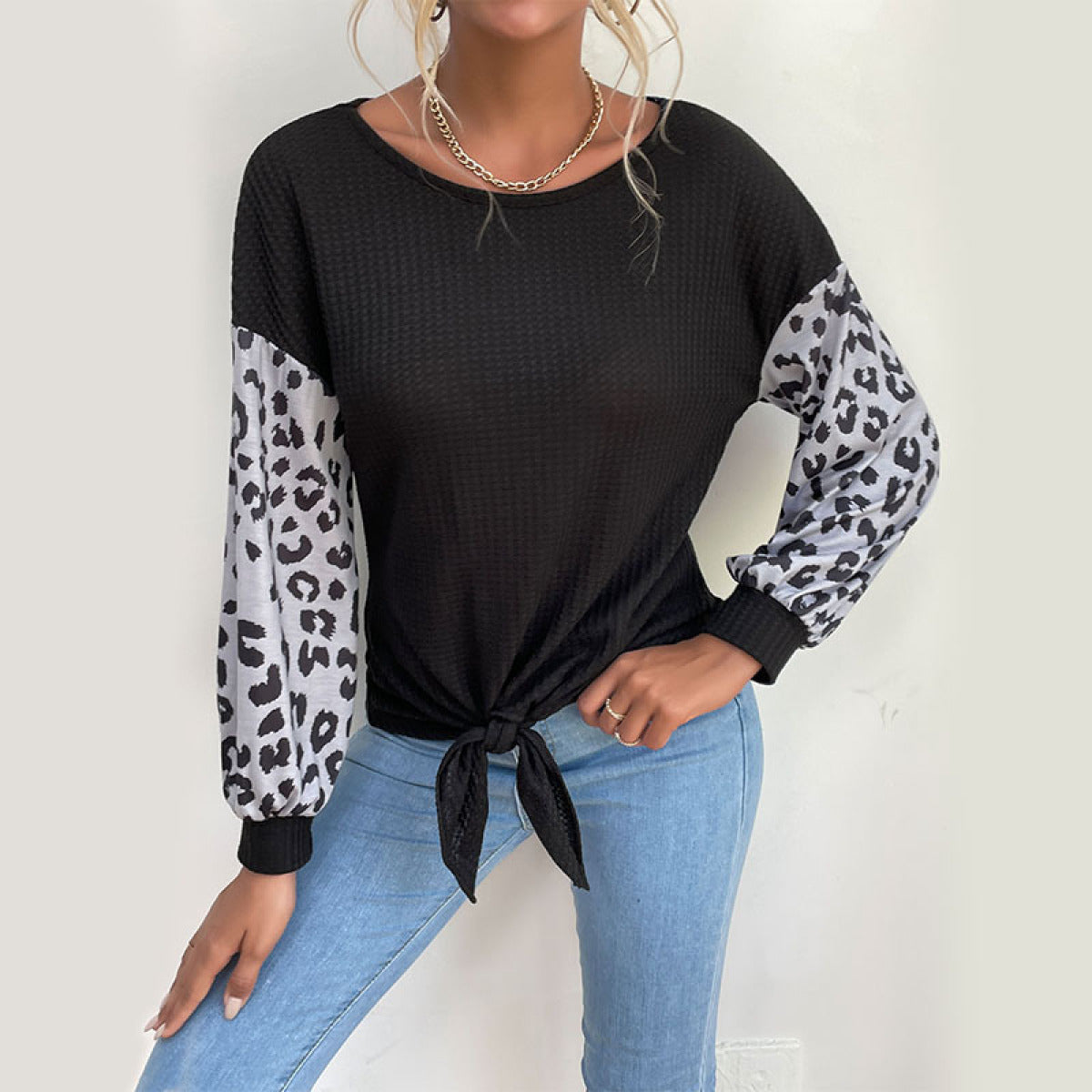 Round Neck Leopard Lantern Sleeve Tie Front Blouse