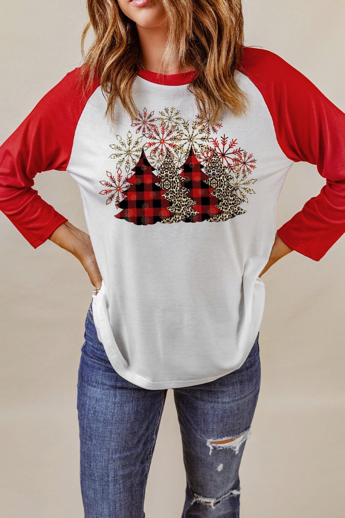 Red Christmas Tree Snowflake Print Color Block Top