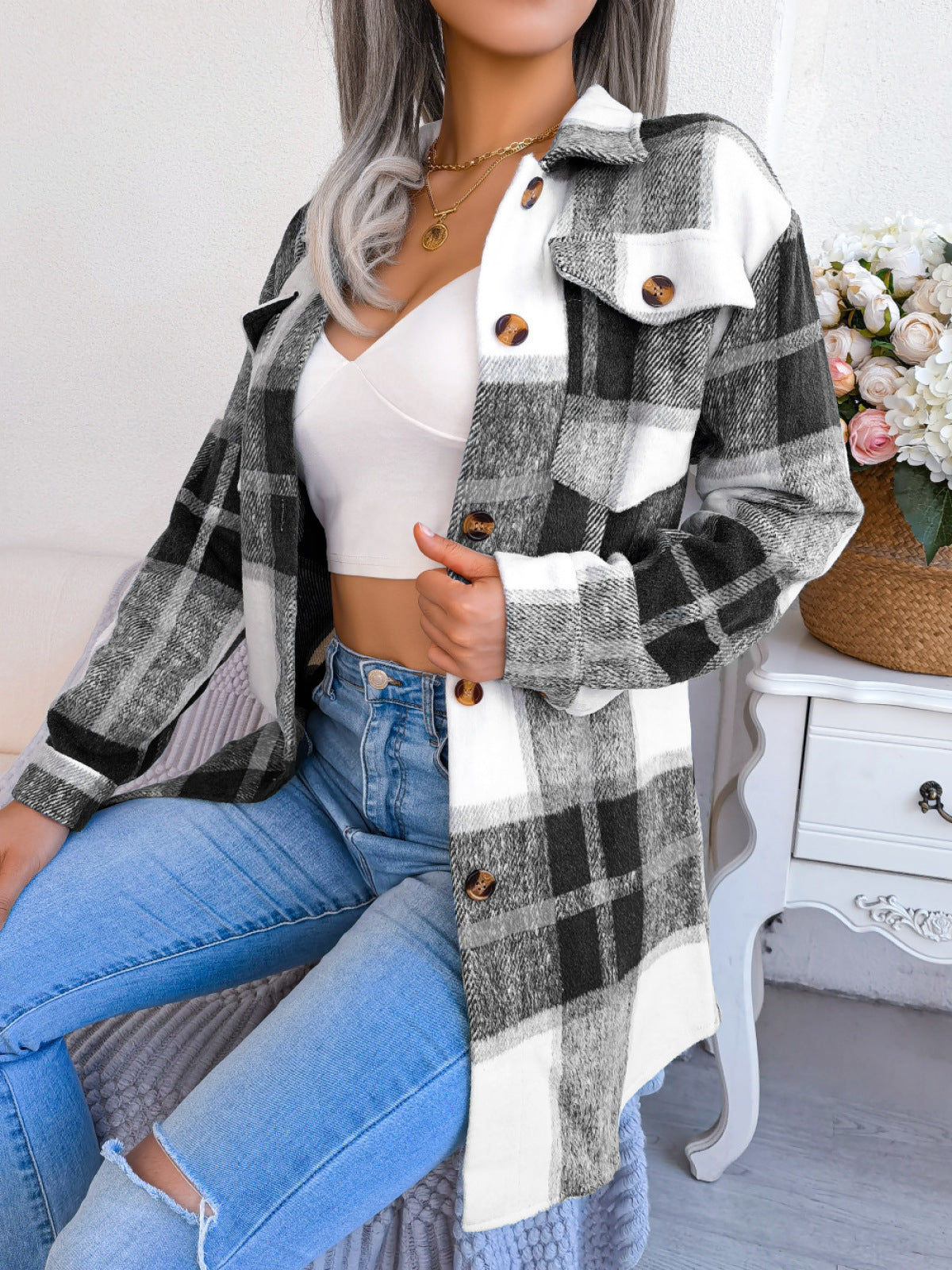 Plaid Button Down Woolen Coat with Belt