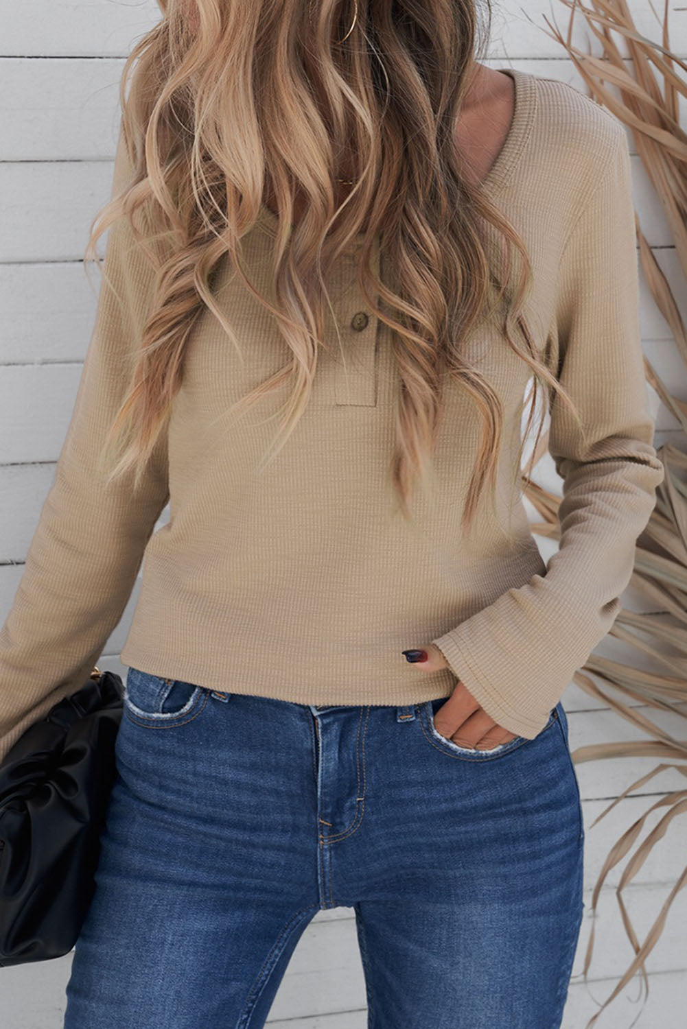 Crewneck Buttons Ribbed Knit Long Sleeve Top