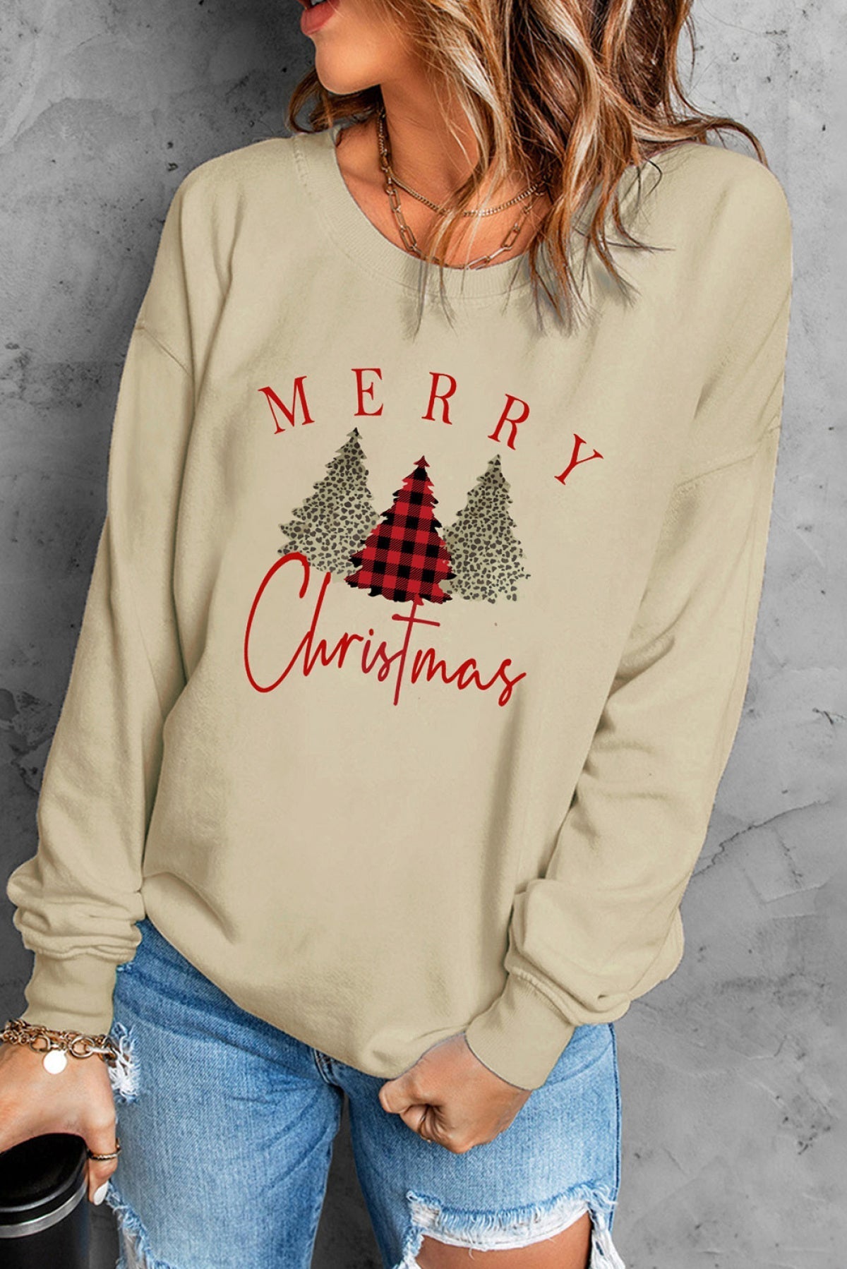 Khaki Leopard Plaid Tree Graphic Christmas Sweatshirt