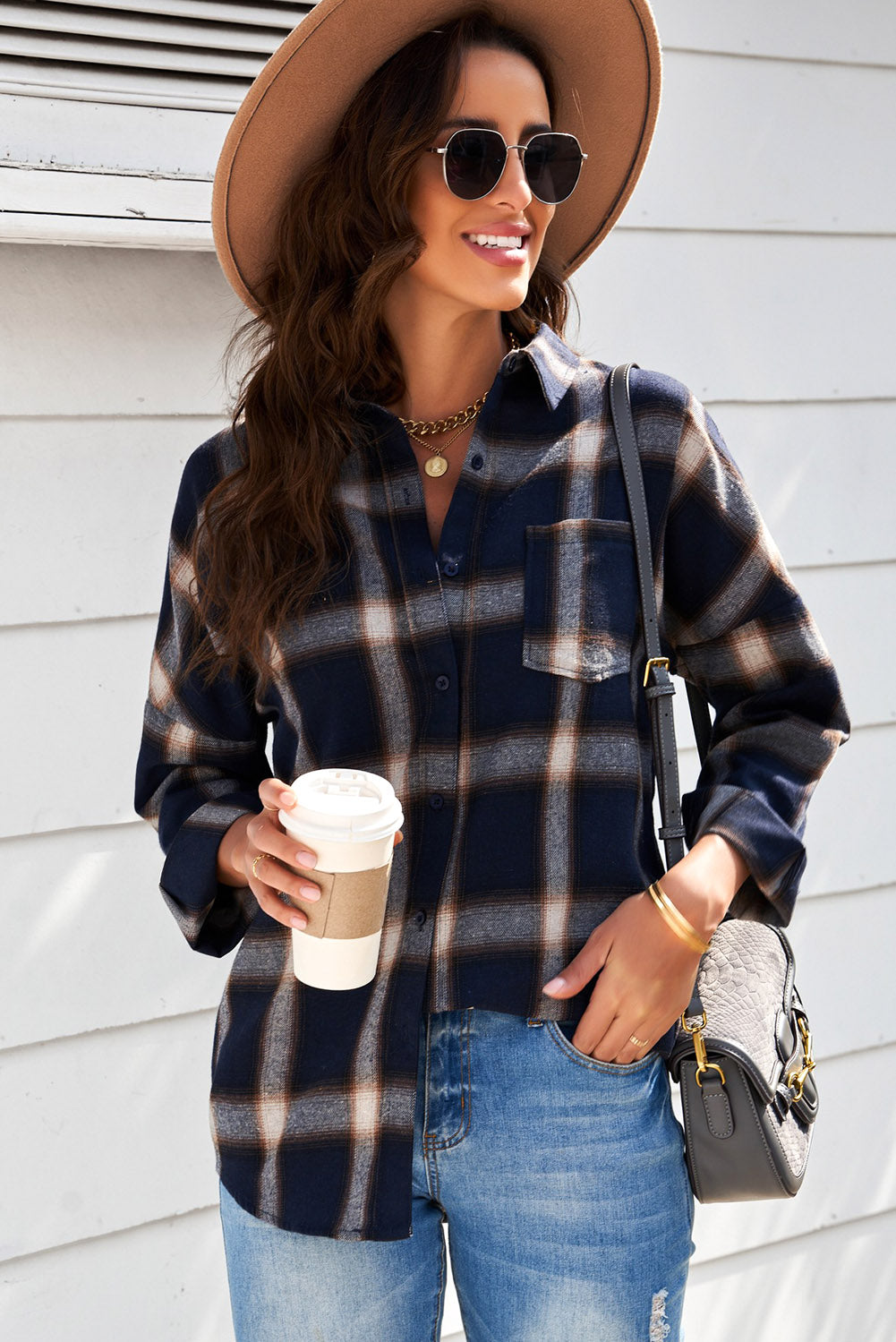 Drop Shoulder Plaid Buttons Shirt