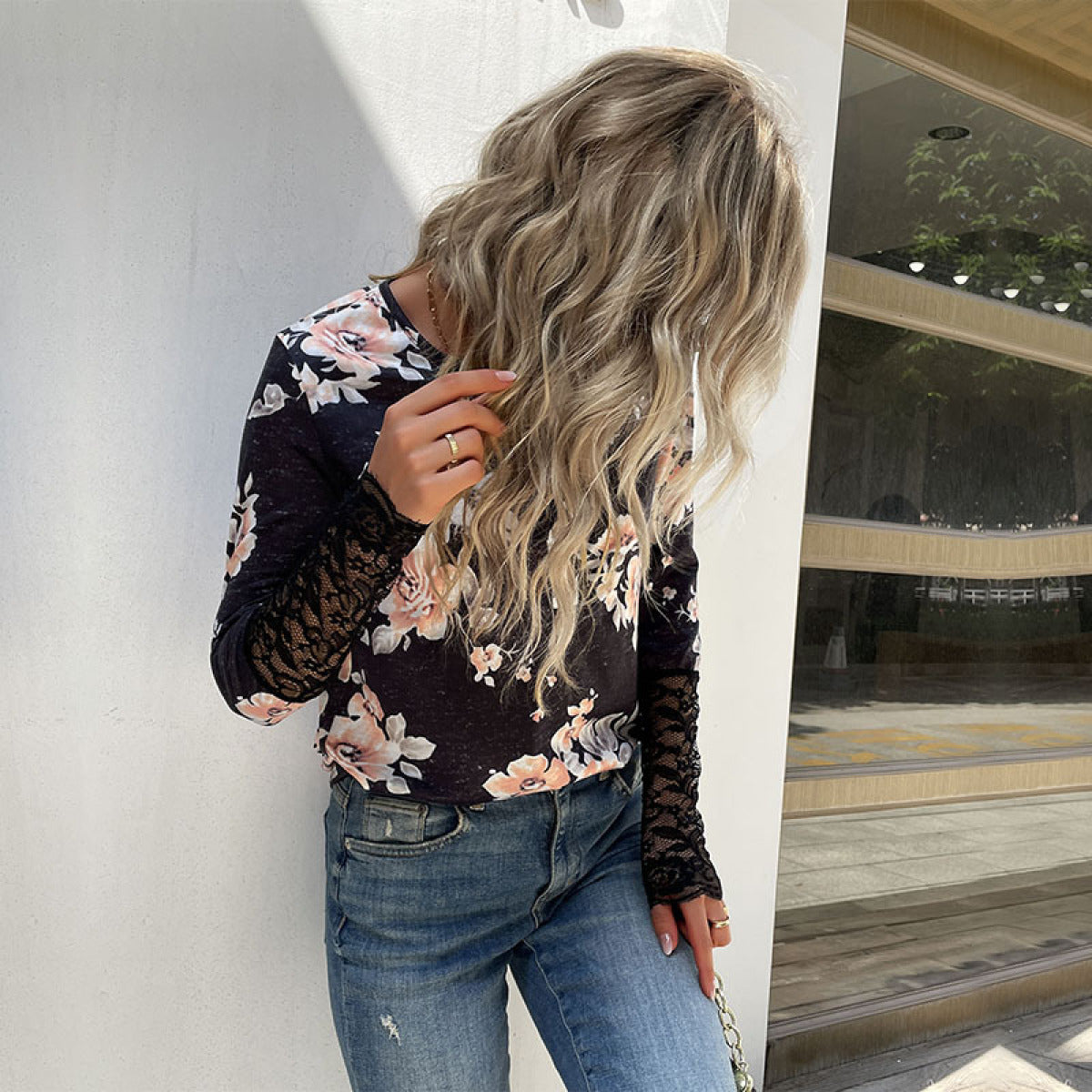 Floral Half Buttoned Lace Splicing Sleeve Blouse