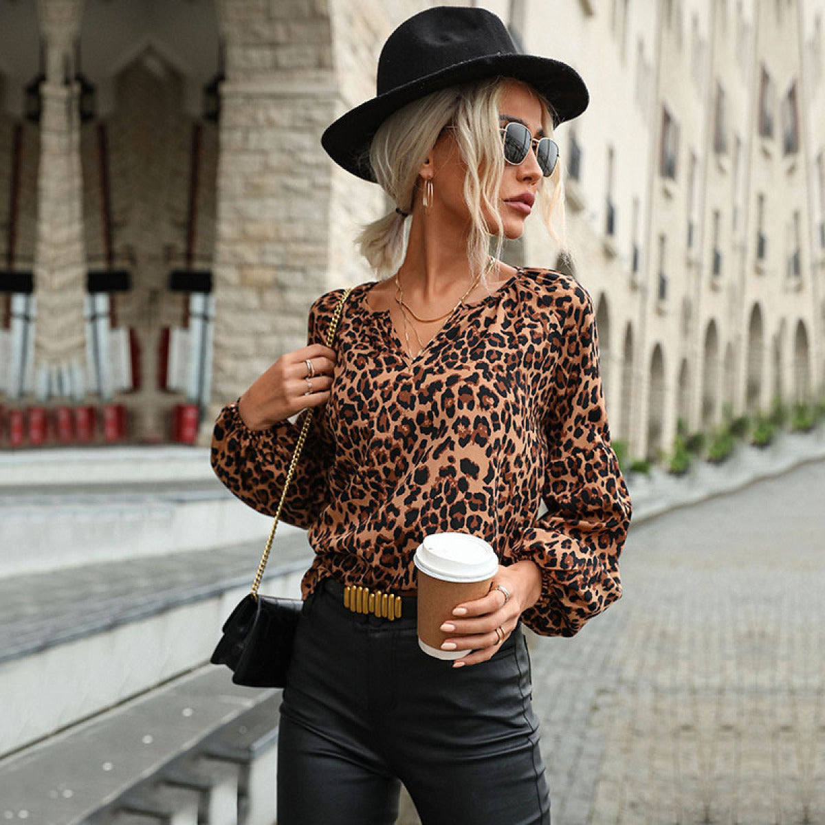 Pullover Leopard Print Long-Sleeved V-Neck Blouses