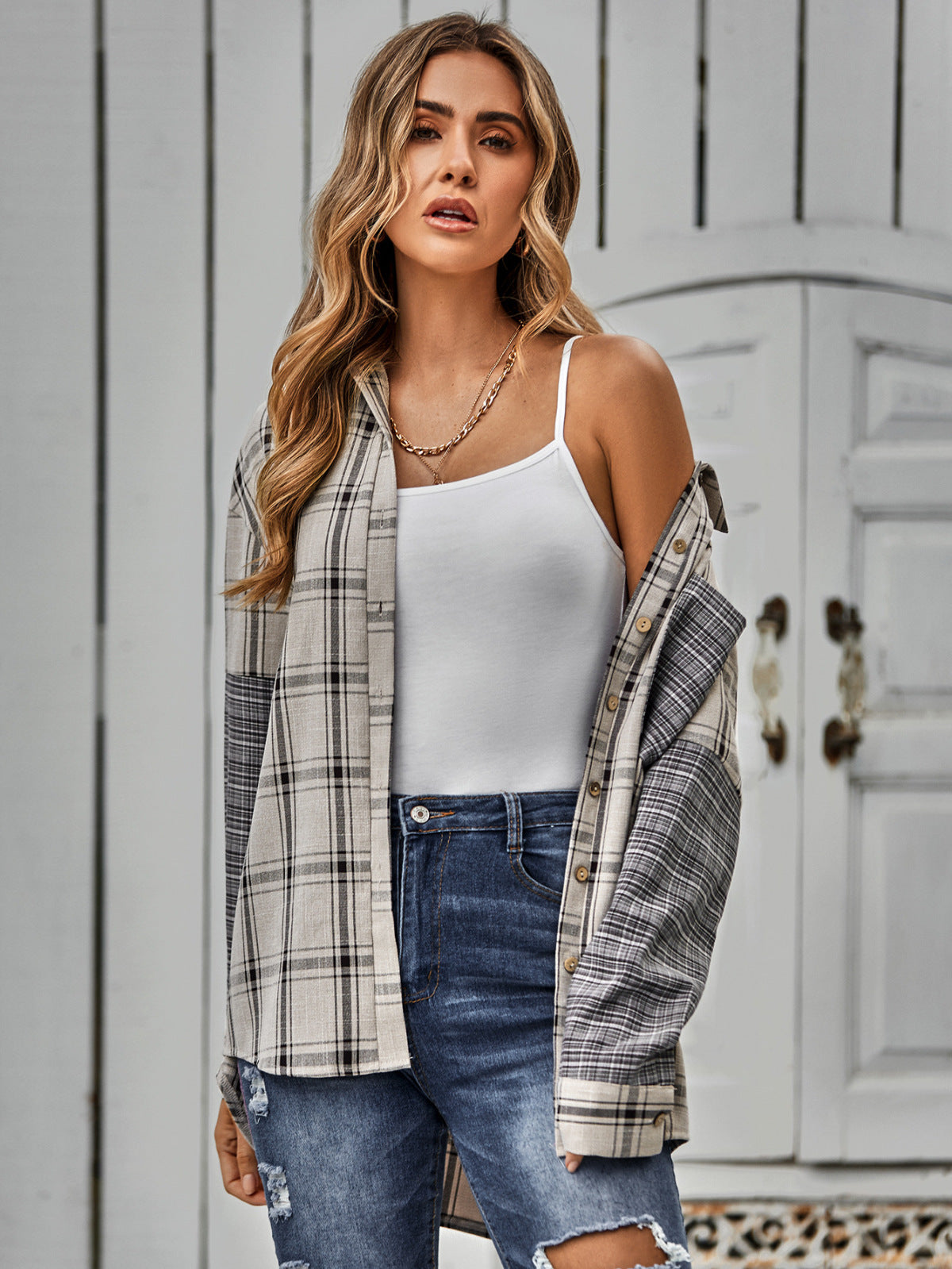 Collared Neck Long Sleeve Colorblock Plaid Blouse