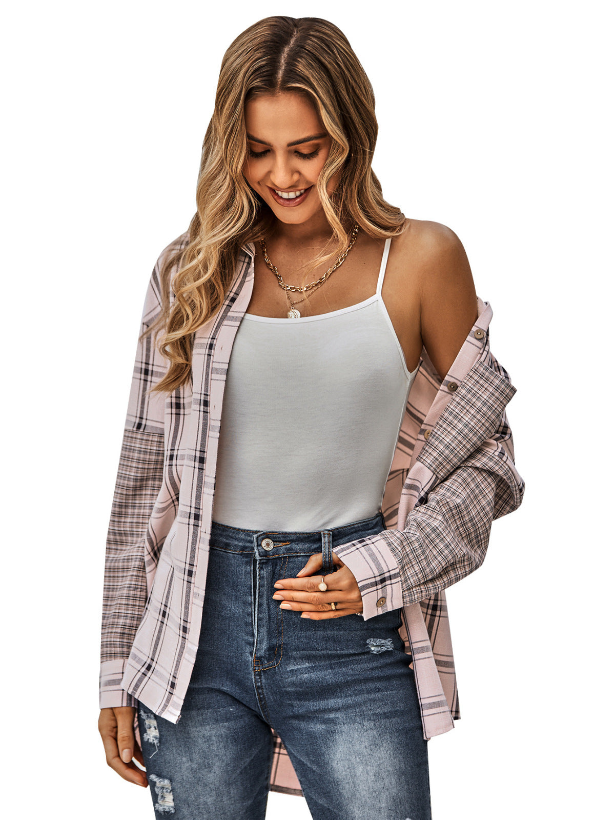 Collared Neck Long Sleeve Colorblock Plaid Blouse