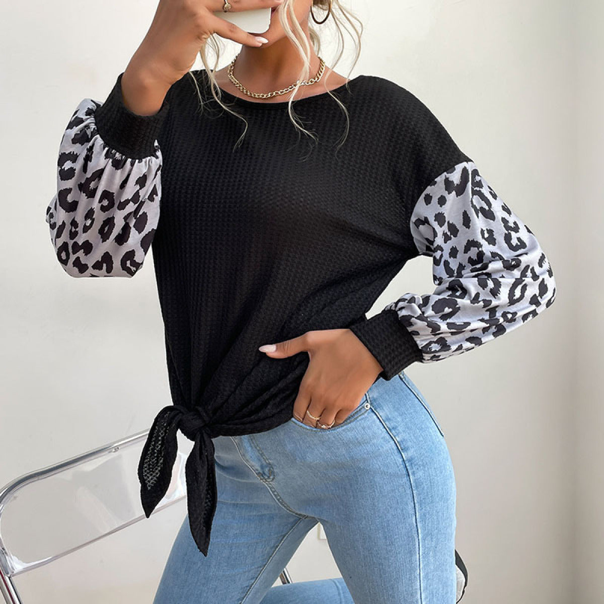 Round Neck Leopard Lantern Sleeve Tie Front Blouse