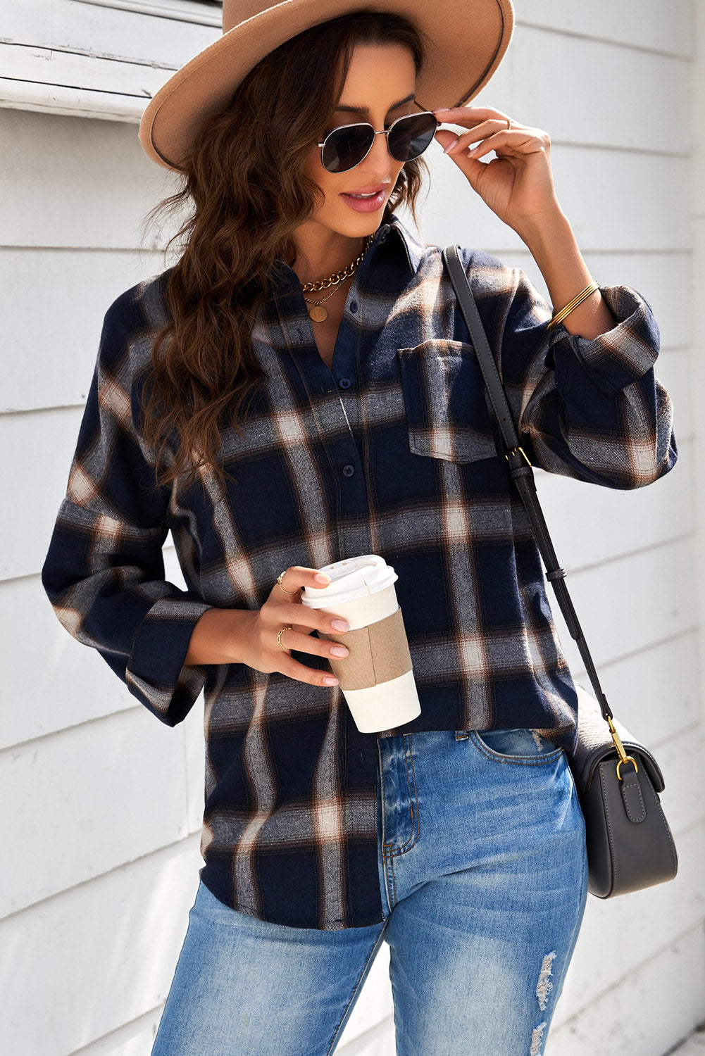 Drop Shoulder Plaid Buttons Shirt