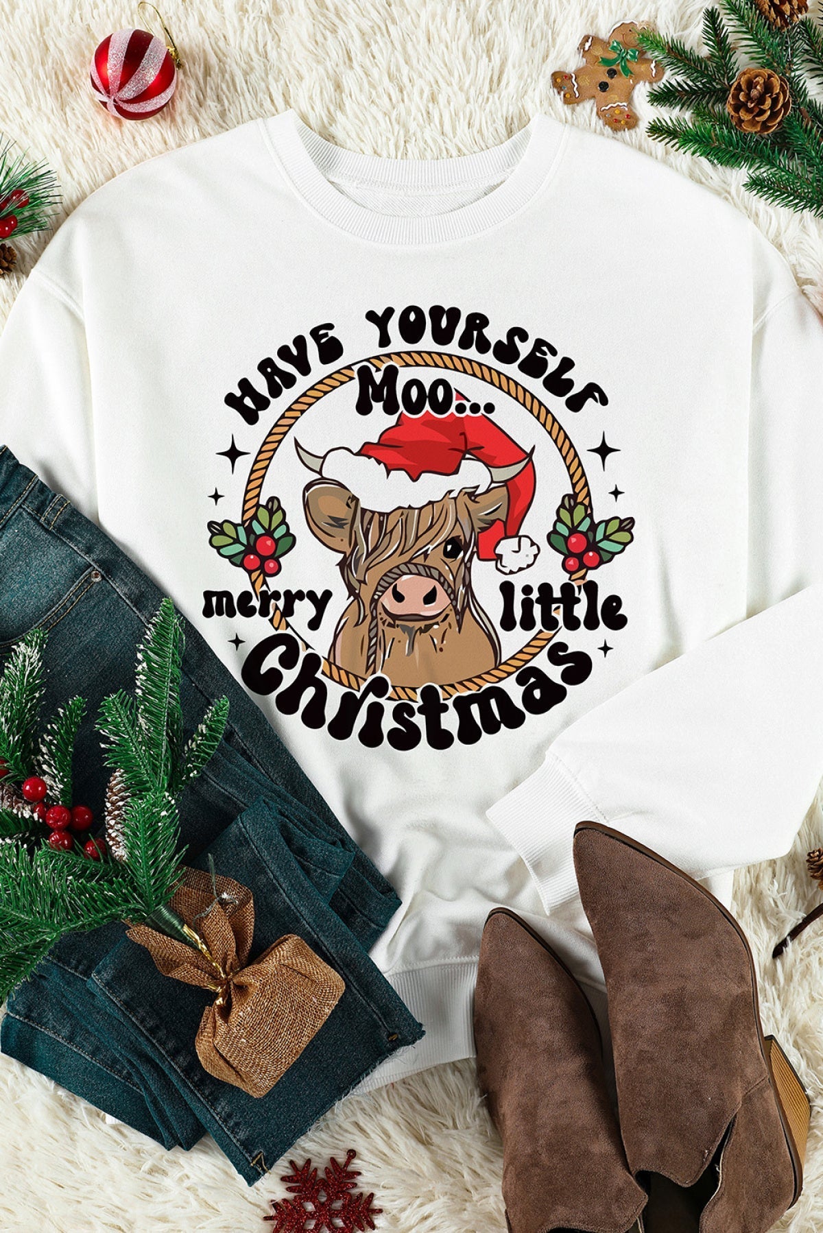 Beige Moo Christmas Greeting Graphic Sweatshirt