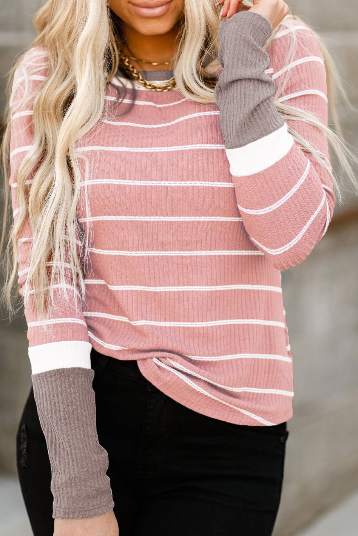 Extend Color Block Cuffs Rib Knit Striped Pullover